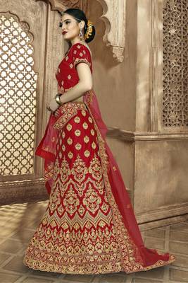 Red Embroidered Silk Semi Stitched Lehenga 3