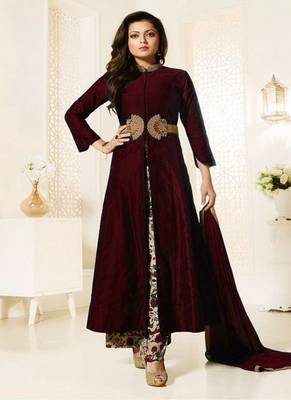 maroon embroidered cotton semi stitched slwar with dupatta 1