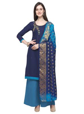 NAVY BLUE BEADS COTTON UNSTITCHED SALWAR SUIT WITH BANARASI DUPATTA 1