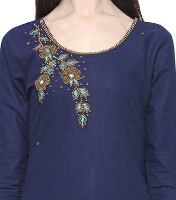 NAVY BLUE BEADS COTTON UNSTITCHED SALWAR SUIT WITH BANARASI DUPATTA 2