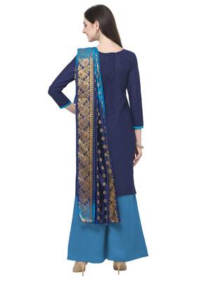NAVY BLUE BEADS COTTON UNSTITCHED SALWAR SUIT WITH BANARASI DUPATTA 3