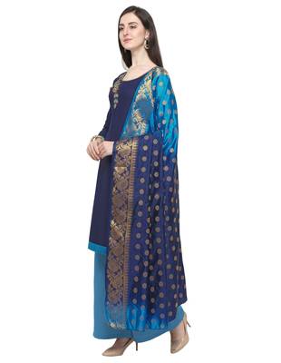 NAVY BLUE BEADS COTTON UNSTITCHED SALWAR SUIT WITH BANARASI DUPATTA 4