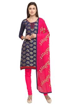 Navy-blue banarasi brocade unstitched salwar suit with embroidered dupatta
