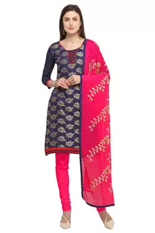 Navy-blue banarasi brocade unstitched salwar suit with embroidered dupatta