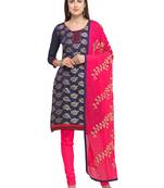 Navy-blue banarasi brocade unstitched salwar suit with embroidered dupatta