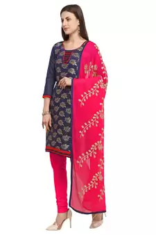 Navy-blue banarasi brocade unstitched salwar suit with embroidered dupatta