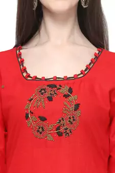 Red & Black Cotton Unstitched Salwar Suit With Dupatta