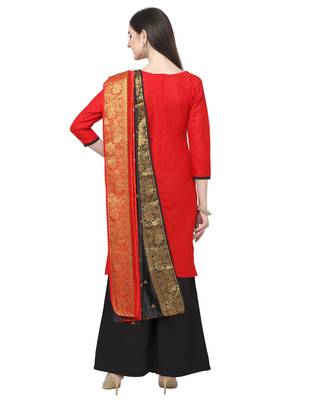 Red & Black Cotton Unstitched Salwar Suit With Dupatta 3