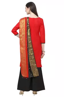 Red & Black Cotton Unstitched Salwar Suit With Dupatta
