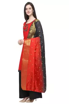 Red & Black Cotton Unstitched Salwar Suit With Dupatta