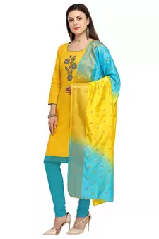 Yellow Beads Cotton Unstitched Salwar Suit With Banarasi Dupatta