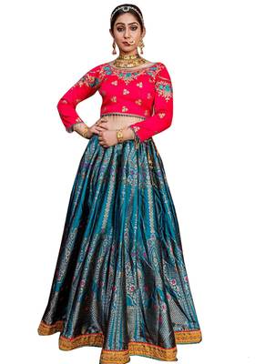 Sky-blue plain
 silk unstitched lehenga 1