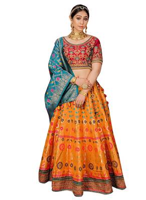 Orange plain
 silk unstitched lehenga 1