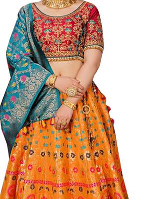 Orange plain
 silk unstitched lehenga 2