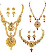Traditional Gold Plated Matinee Style Multi Color Stone Set Of 3 Necklace Set Combo For Women