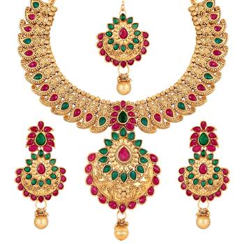 Royal Gold Plated Multicolor Stone Choker Necklace Set For Women 3