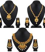 Traditional Peacock Gold Plated Multy Color Stone Set Of 3 Necklace Set Combo For Women