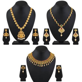Traditional Flower Design Gold Plated Multy Color Stone Set Of 3 Necklace Set Combo For Women 1