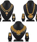 Traditional Peacock Gold Plated Multy Color Stone Set Of 3 Necklace Set Combo For Women