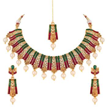 Attractive Gold Plated Multi Stone Choker Style Necklace Set For Women 3