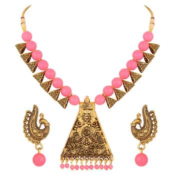 Filigree Design Gold Plated Pink Beads Princess Style Necklace Set For Women 1