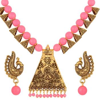 Filigree Design Gold Plated Pink Beads Princess Style Necklace Set For Women 3