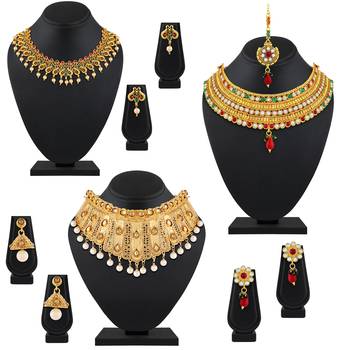Rajwadi Wedding Wear Gold Plated Multy Color Stone Set Of 3 Necklace Set Combo For Women 1