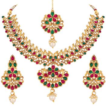 Designer Peacock Design Gold Plated Choker Style Necklace Set For Women 3