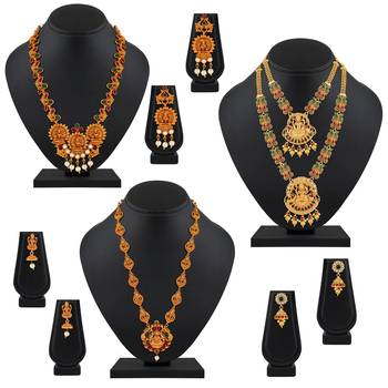 Traditional Temple Gold Plated Multy Color Stone Set Of 3 Necklace Set Combo For Women 1