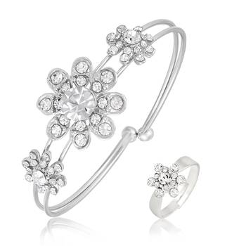 Stylish Silver Plated Flower Shape Set Of 1 Kada & 1 Finger Ring Combo For Women 1