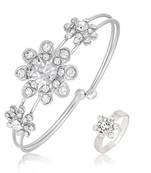 Stylish Silver Plated Flower Shape Set Of 1 Kada & 1 Finger Ring Combo For Women