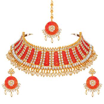 Traditional Designer Gold Plated Choker Style Necklace Set For Women 3