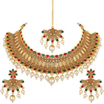 Ethnic Wedding Wear Gold Plated Multicolor Choker Necklace Set For Women 2