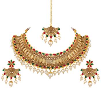 Ethnic Wedding Wear Gold Plated Multicolor Choker Necklace Set For Women 3