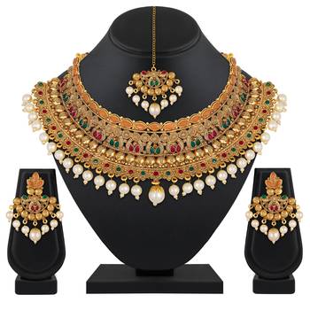Ethnic Wedding Wear Gold Plated Multicolor Choker Necklace Set For Women 1