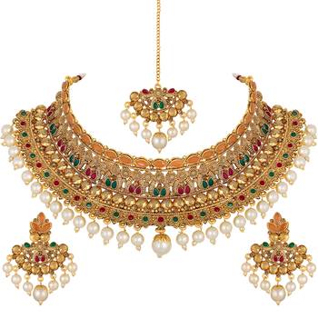 Ethnic Wedding Wear Gold Plated Multicolor Choker Necklace Set For Women 2