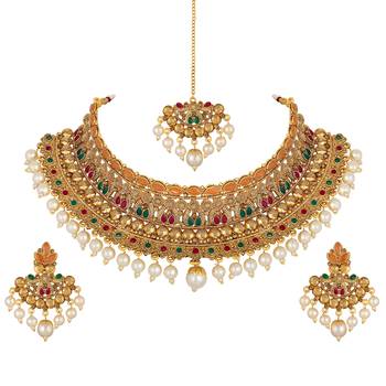 Ethnic Wedding Wear Gold Plated Multicolor Choker Necklace Set For Women 3
