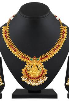 Traditional Wedding Wear Gold Plated Temple Necklace Set For Women