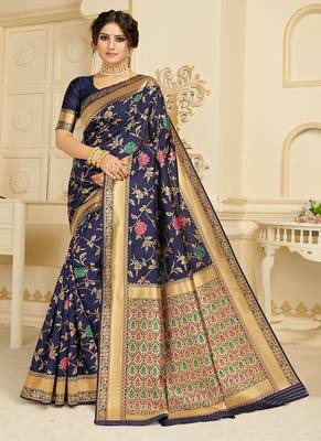   navy blue woven silk blend saree with blouse 1