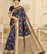   navy blue woven silk blend saree with blouse