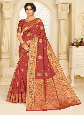 Crimson woven silk blend saree with blouse 1
