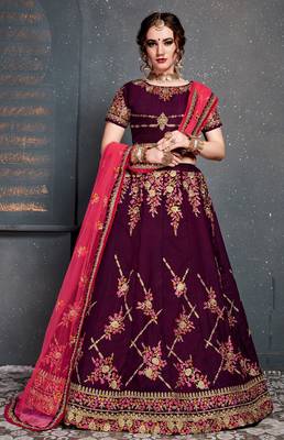 Purple Embroidered Satin Semi Stitched bridal lehenga 1