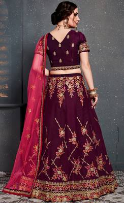Purple Embroidered Satin Semi Stitched bridal lehenga 2