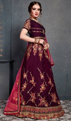Purple Embroidered Satin Semi Stitched bridal lehenga 3