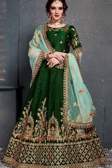 Dark Green Thread Dori Zari And Embroidered With Diamond Work Satin Lehenga Choli For Wedding