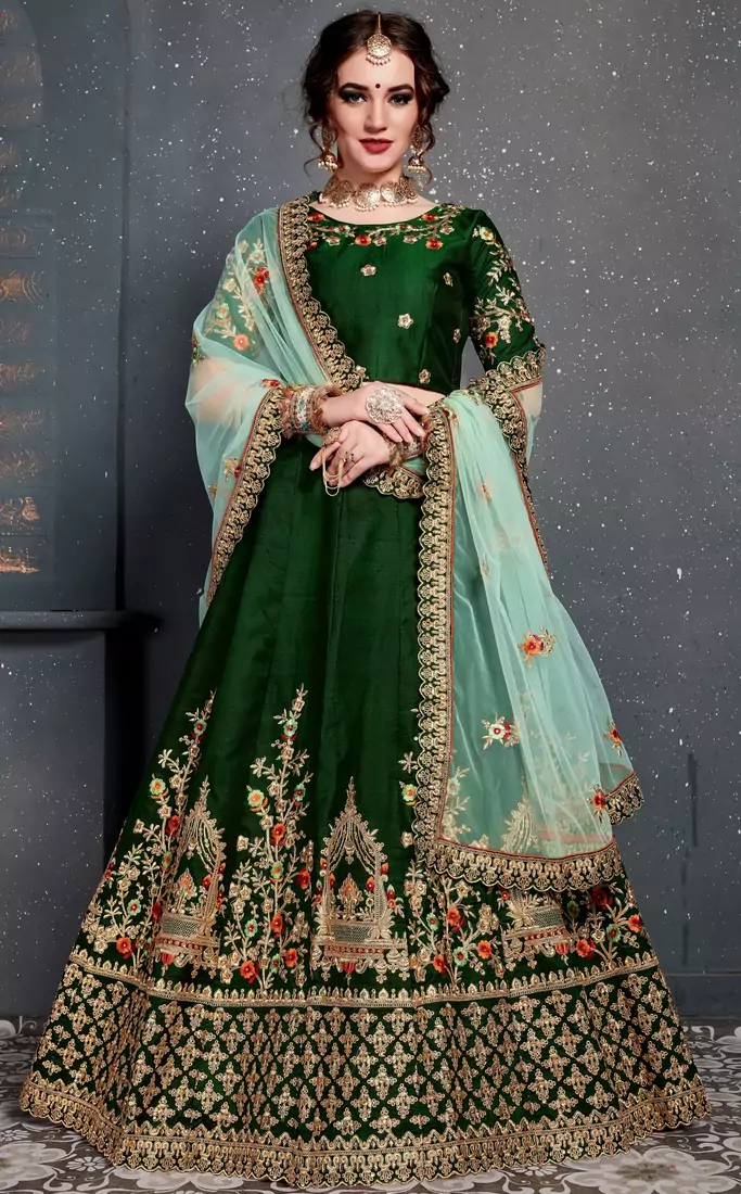 Dark Green Thread, Dori, Zari and Embroidered with Diamond Work Satin Lehenga choli for wedding