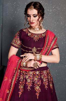 Purple Embroidered Satin Semi Stitched bridal lehenga 4