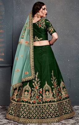 Dark Green Thread Dori Zari And Embroidered With Diamond Work Satin Lehenga Choli For Wedding 2