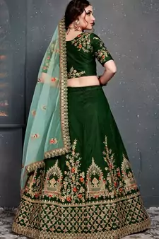 Dark Green Thread Dori Zari And Embroidered With Diamond Work Satin Lehenga Choli For Wedding