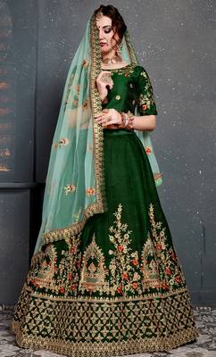 Dark Green Thread Dori Zari And Embroidered With Diamond Work Satin Lehenga Choli For Wedding 3